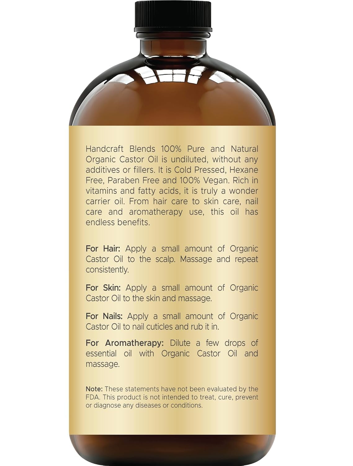 Cold-Pressed Organic Castor Oil 16 Fl Oz | Glass Bottle | 100% Pure and Natural | Premium Grade Carrier Oil | Hair, Eyelashes and Eyebrows | Hair and Body