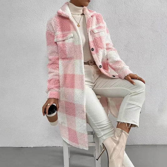 Outwear Jacket Holiday Ladies Winter Warm Outwear Plaid Long Jacket Shacket Cardigan Womens Tartan Check Jacket